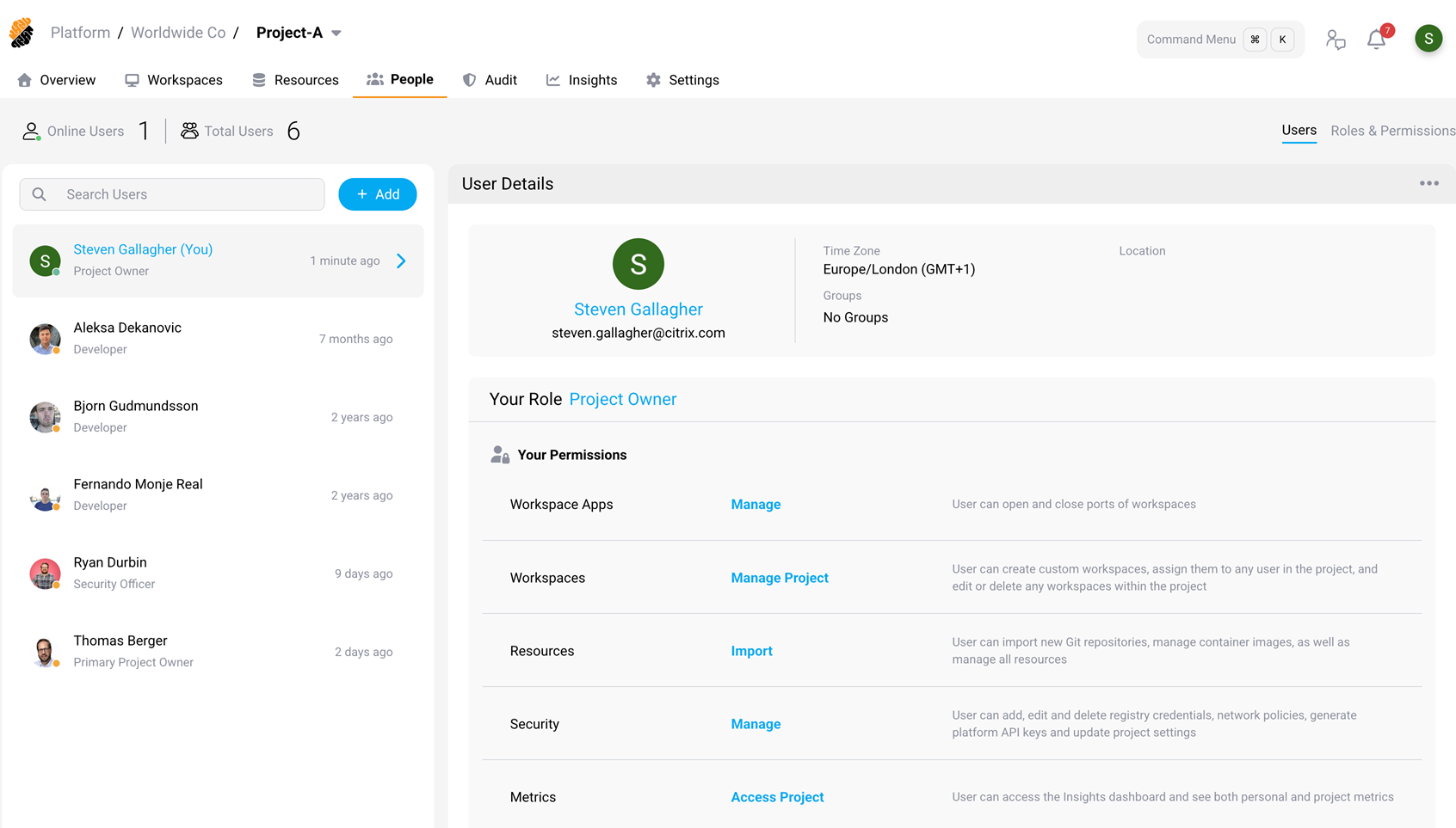 People page showing the user list and user details panel