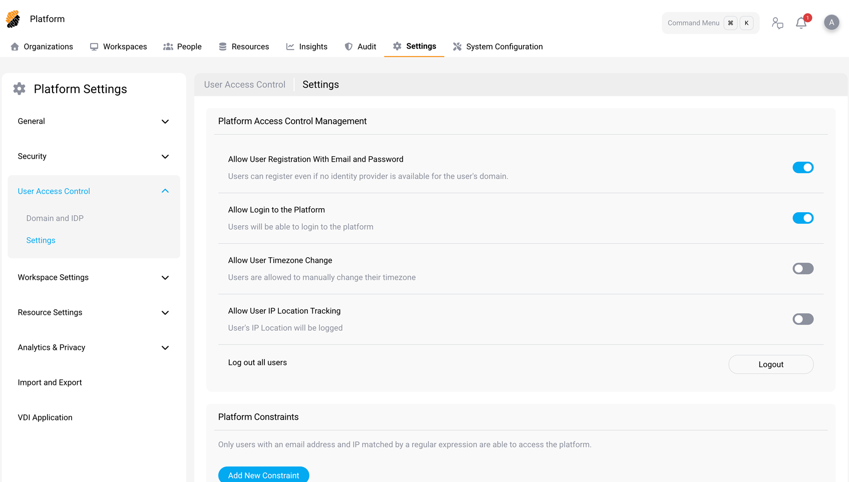 Platform Access Control Management settings, showing the Allow User Registration With Email and Password toggle
