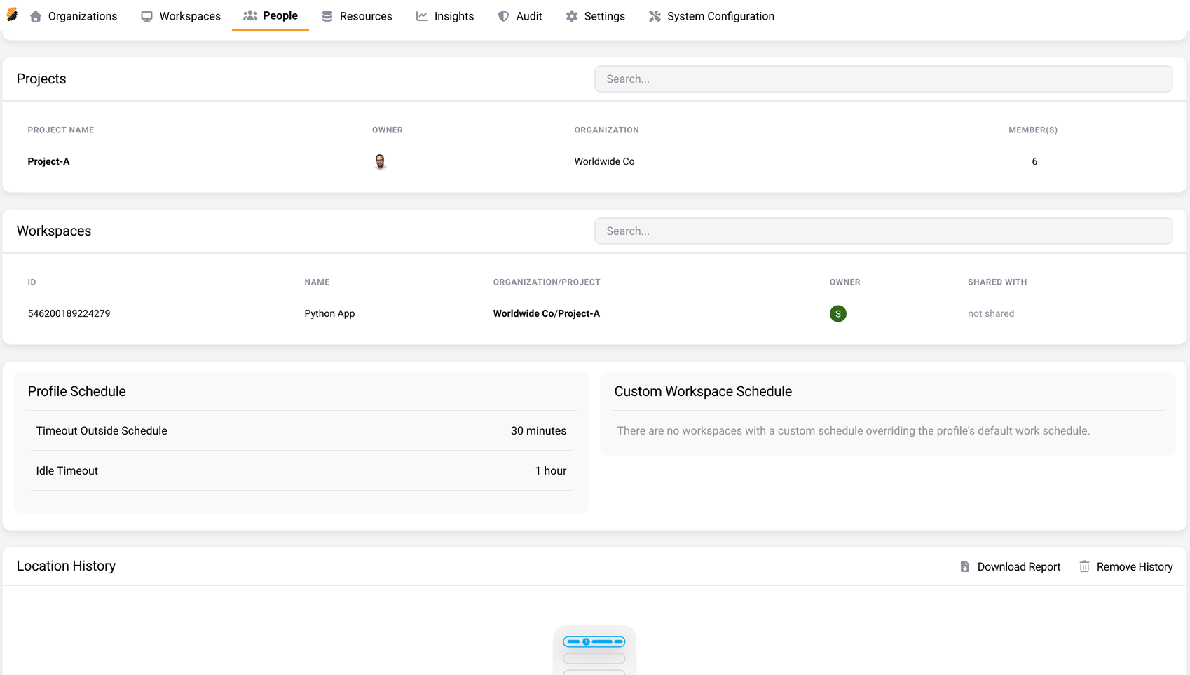 Platform user details page — workspaces, schedules, and location history