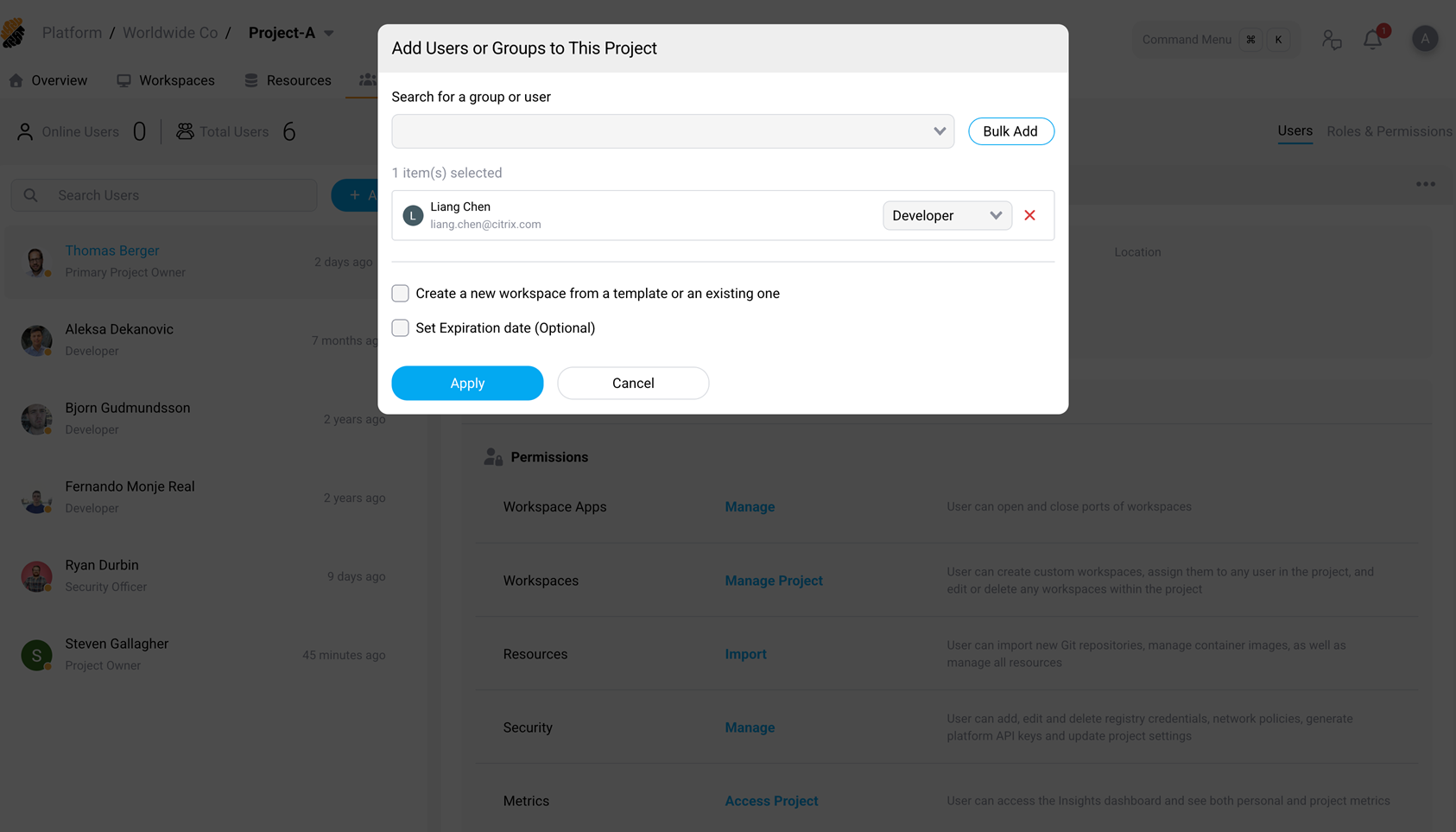 User selected in the modal, showing role dropdown, workspace, and expiration options