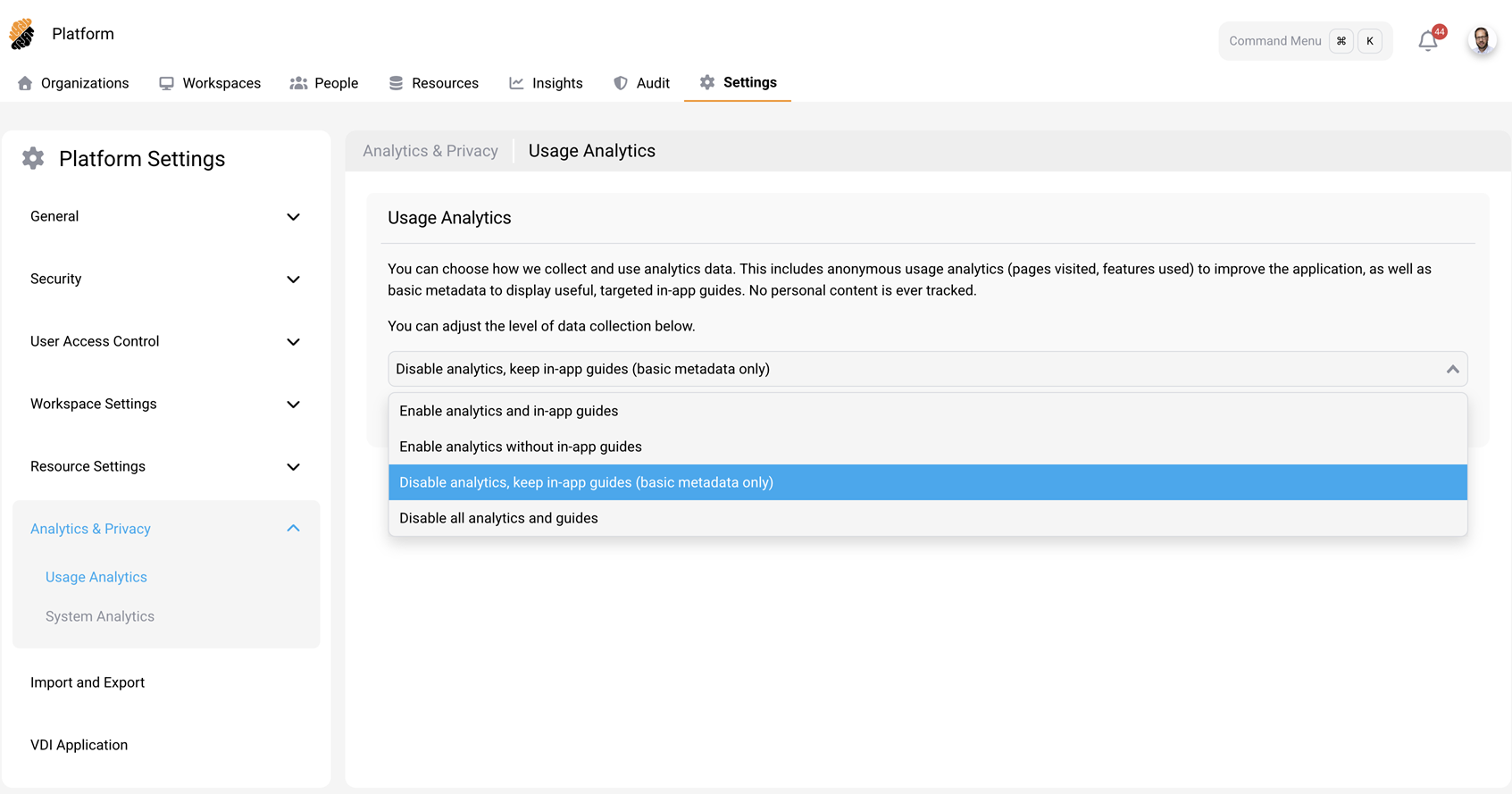 Usage Analytics dropdown expanded showing the four data collection options