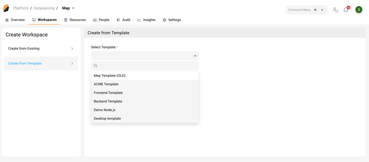 Template selection screen showing available workspace templates