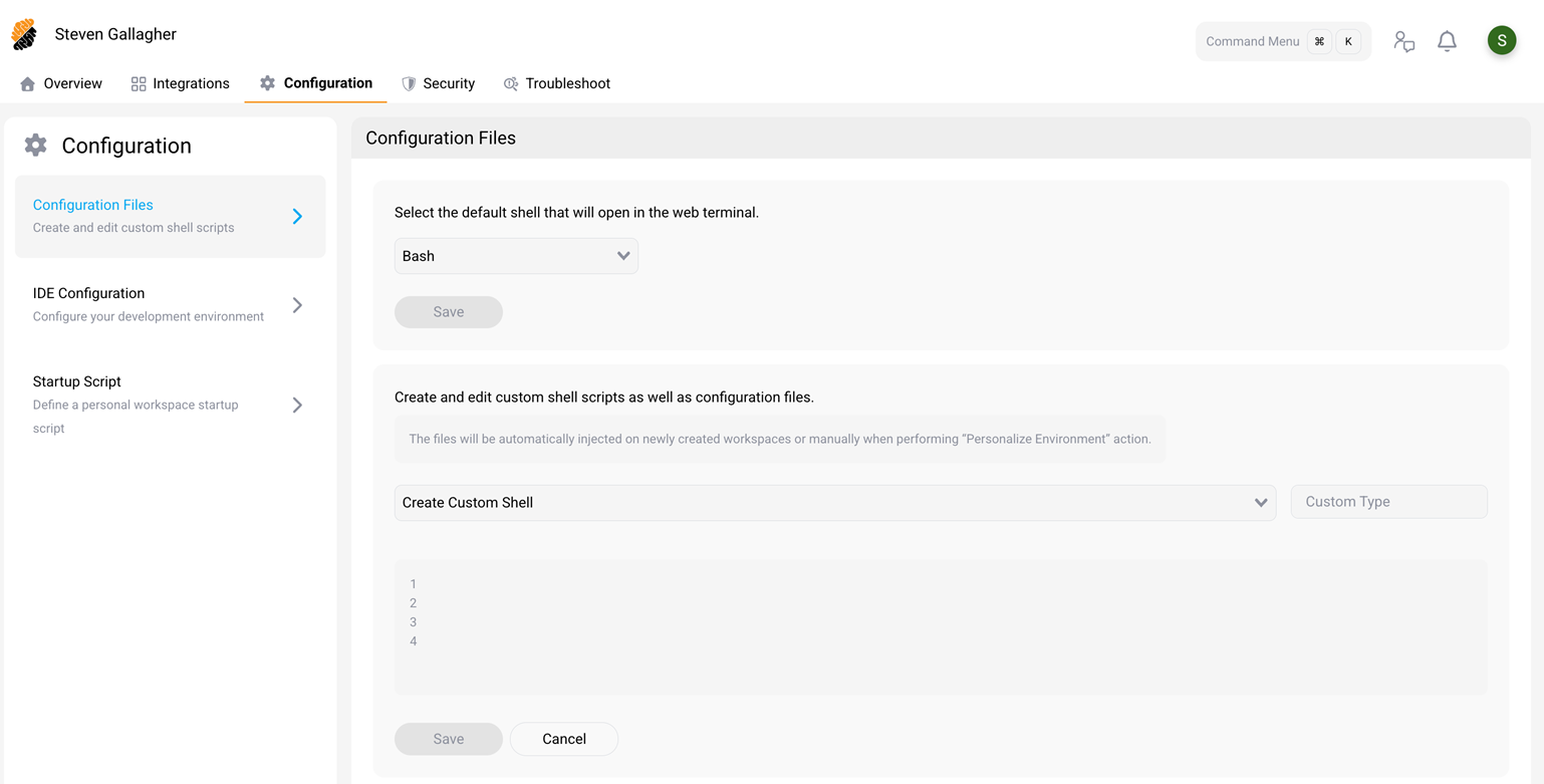 Configuration page showing shell selection and script editor