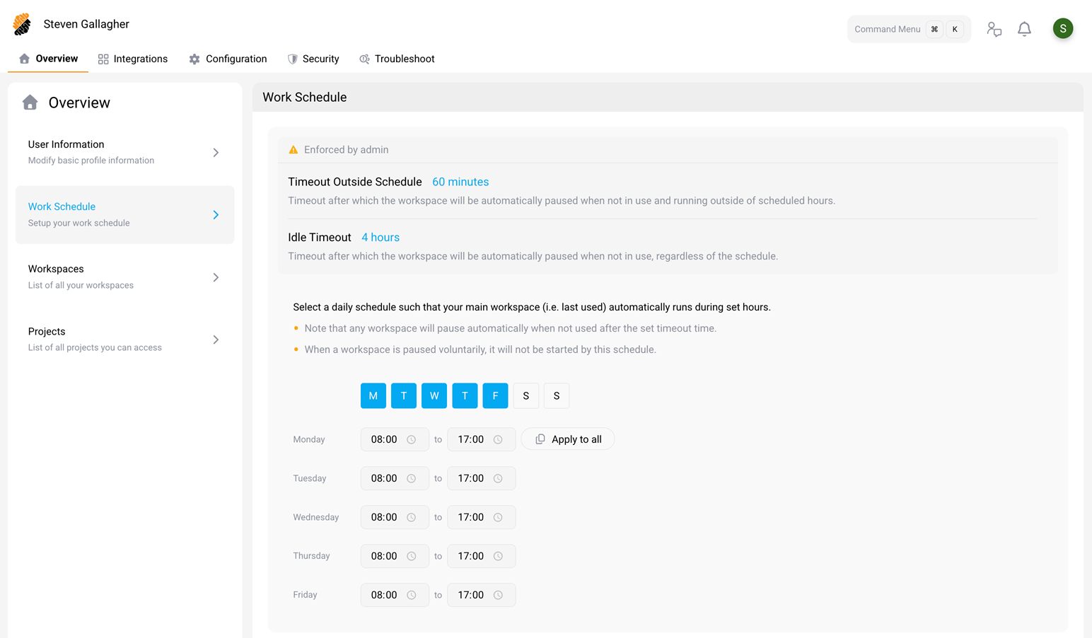Profile page showing User information and Work schedule sections