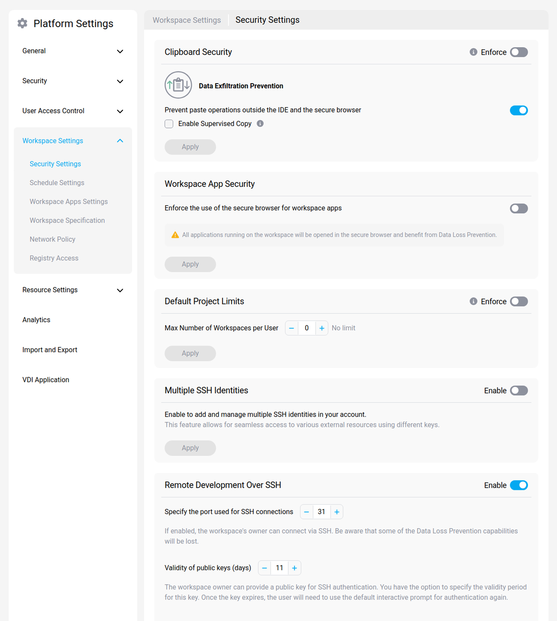 Workspace security settings
