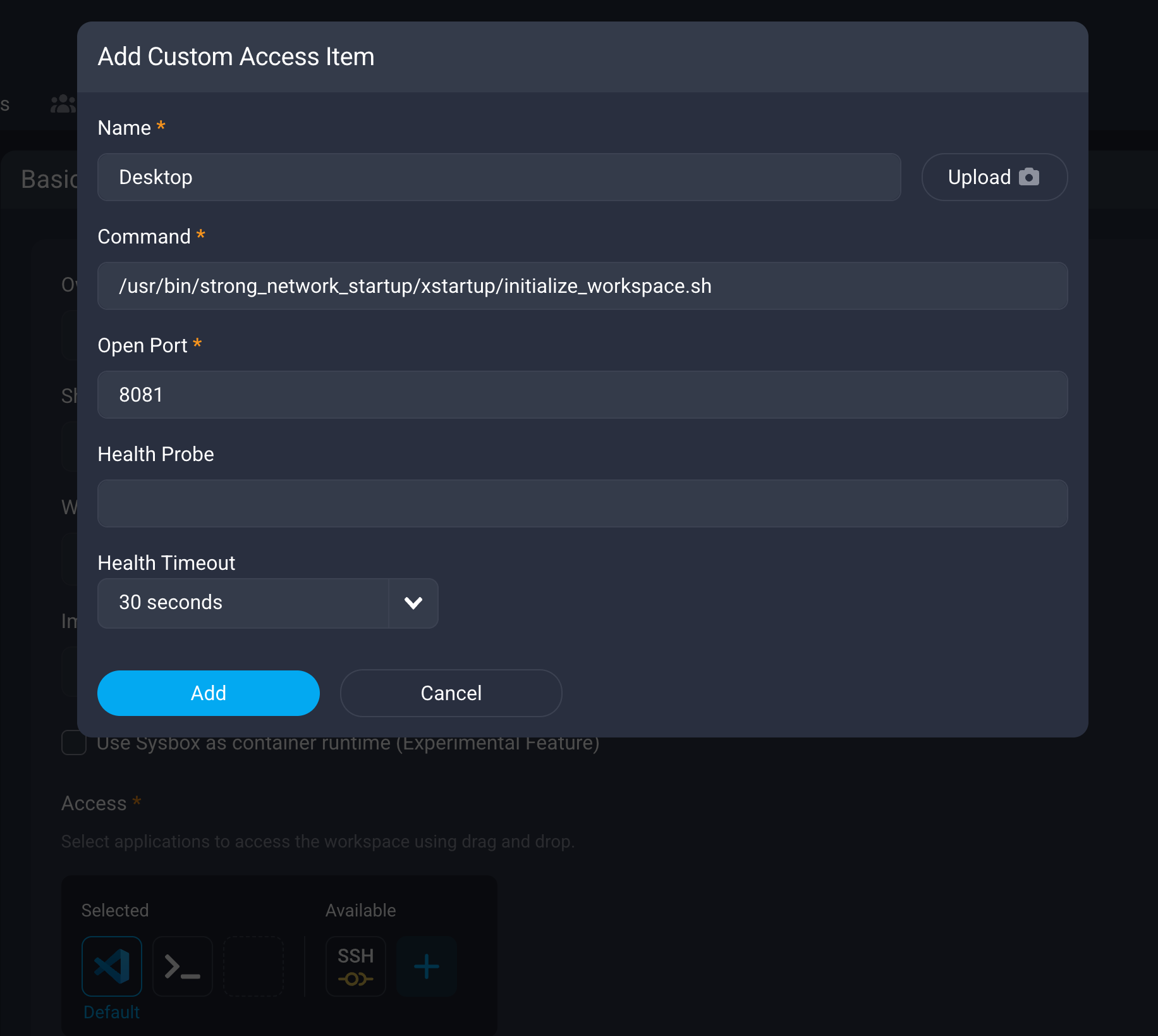 Add Custom Access Item dialog configured for the Debian GUI desktop