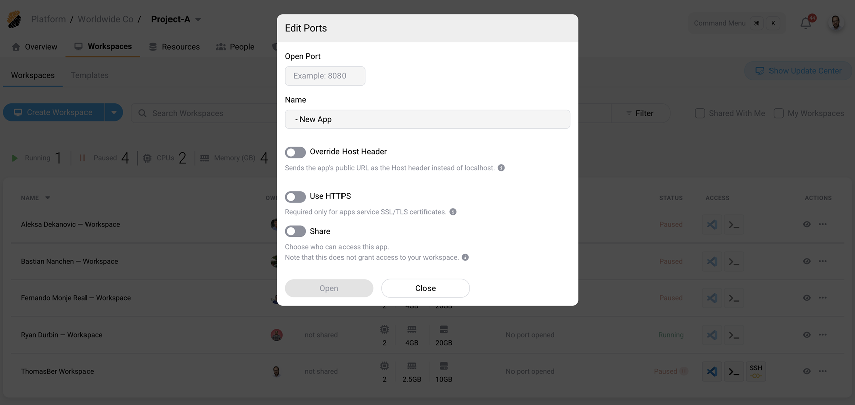 Edit Ports dialog with Override Host Header disabled
