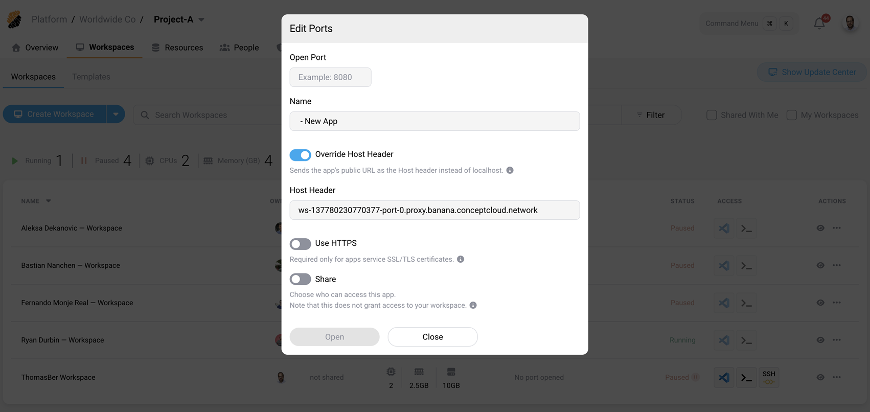Edit Ports dialog with Override Host Header enabled, showing the Host Header field