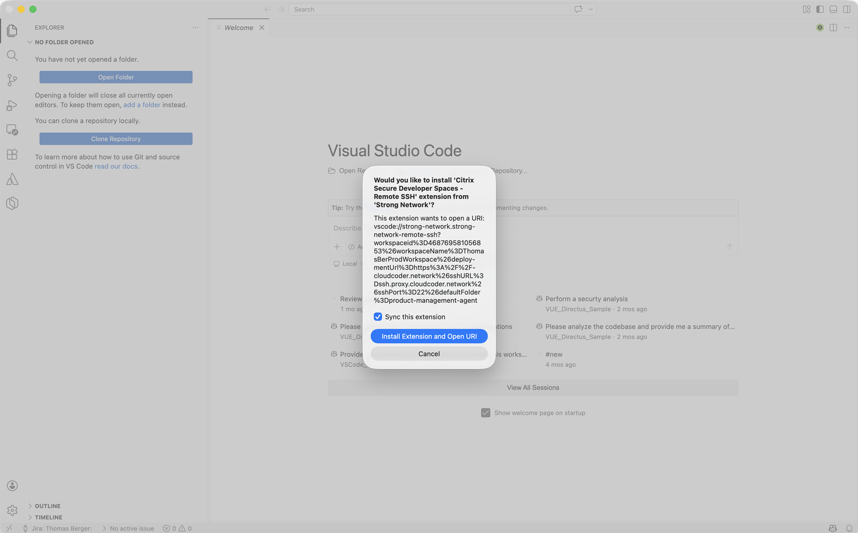 VS Code prompt to install the Citrix Secure Developer Spaces - Remote SSH extension
