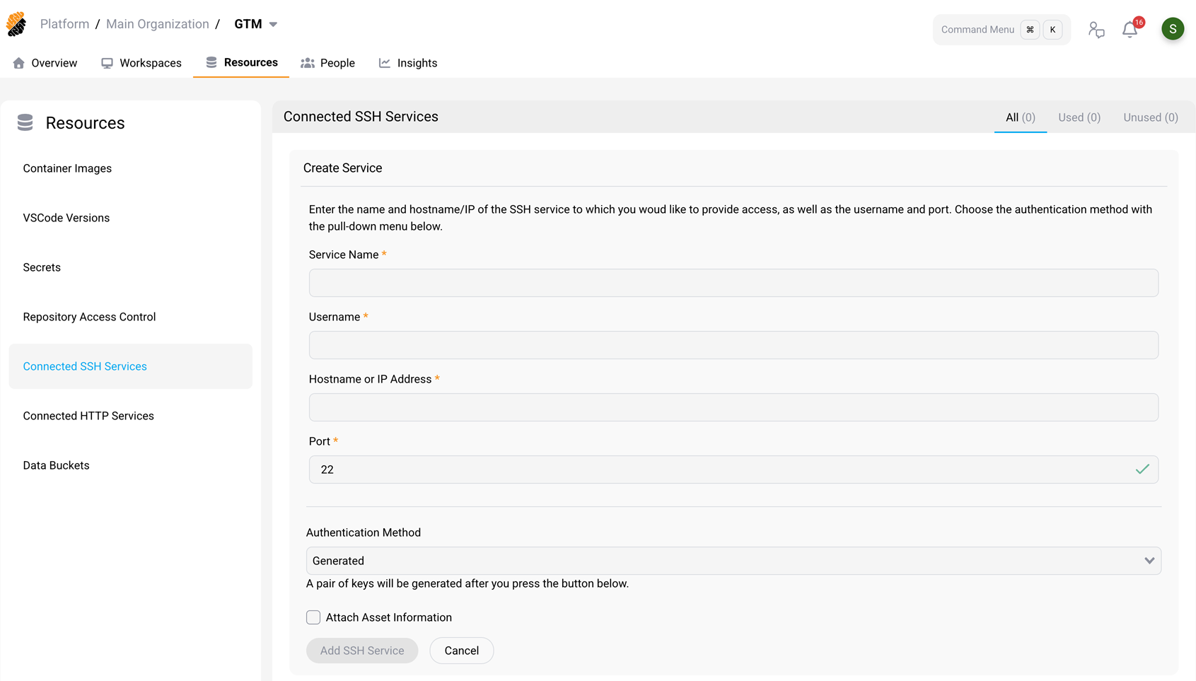 Create SSH Service form showing name, user name, hostname, port, and authentication method