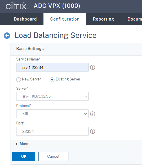 Create an SSL load balancing service of port 22334