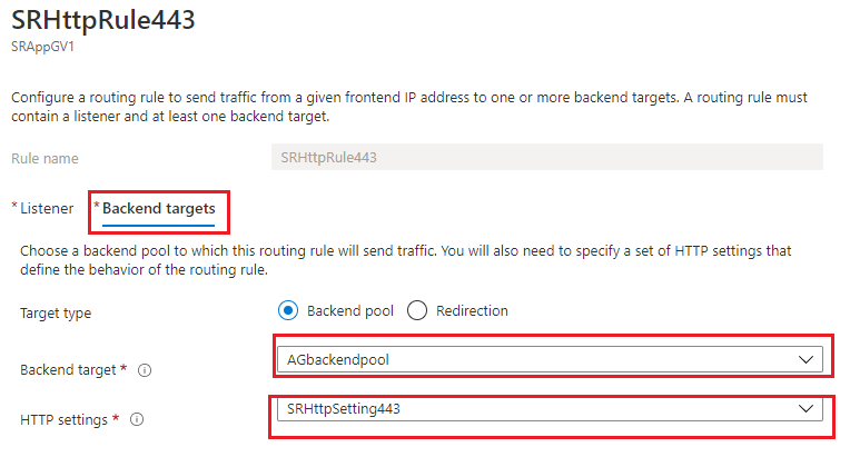 Request routing rule for port 443 - Backend targets tab
