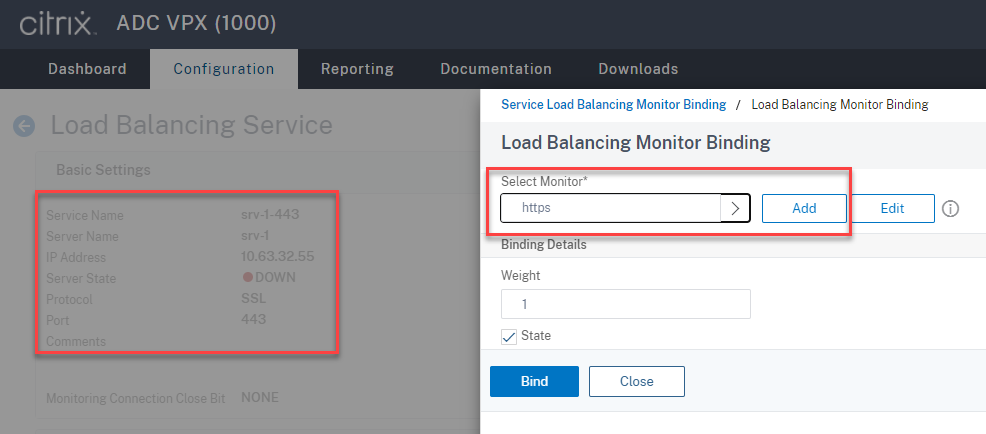 Bind the HTTPS protocol monitor to the SSL load balancing service of port 443