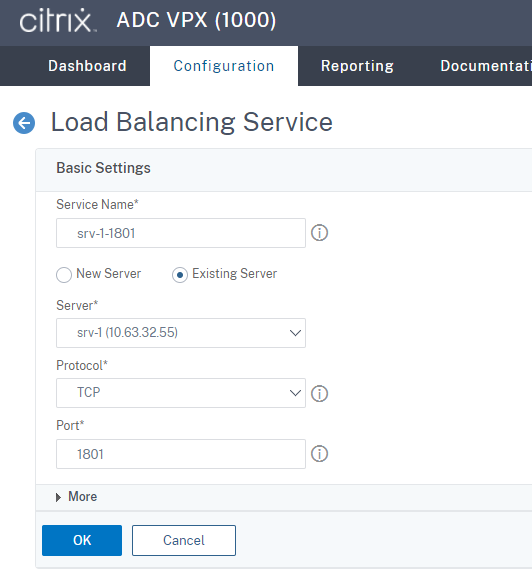 Create an SSL load balancing service of port 1801