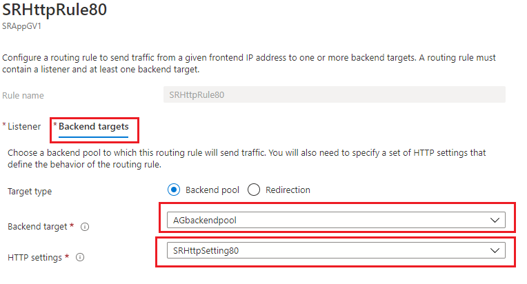 Request routing rule for port 80 - Backend targets tab