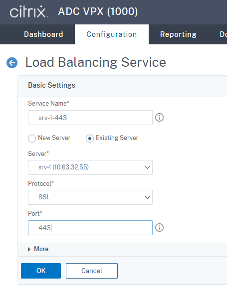 Create an SSL load balancing service of port 443