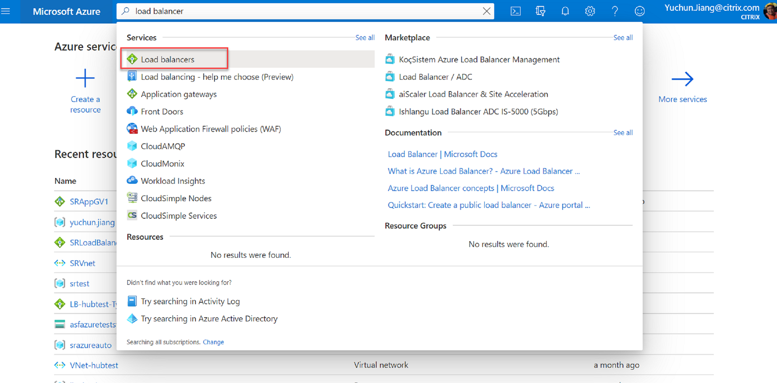 Search for Azure Load Balancer in the Marketplace