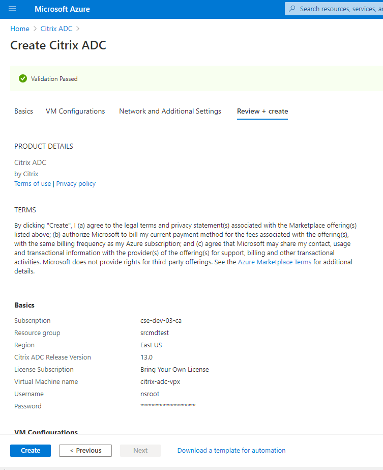 Überprüfung bestanden für die Erstellung der Citrix ADC VPX-Instanz