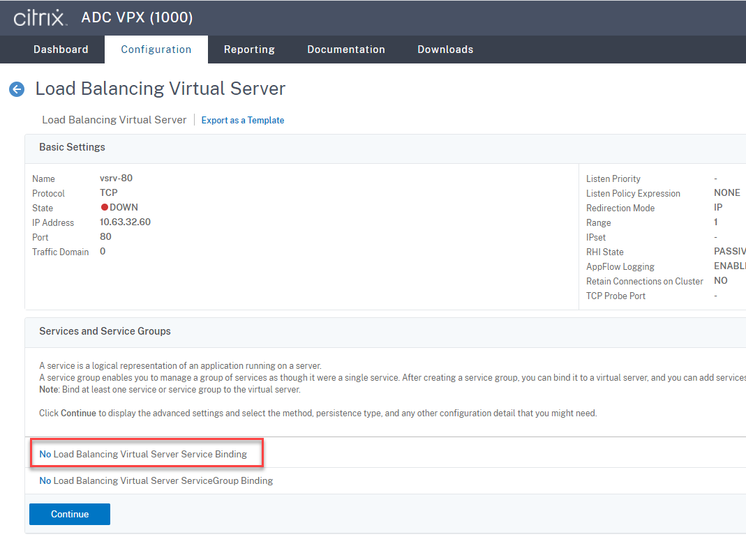 Load balancing virtual server service binding