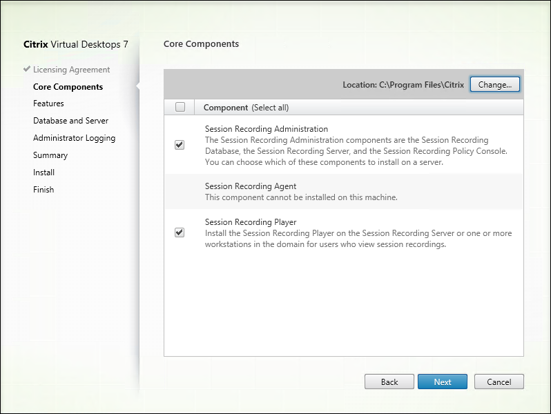 Select components and the installation path