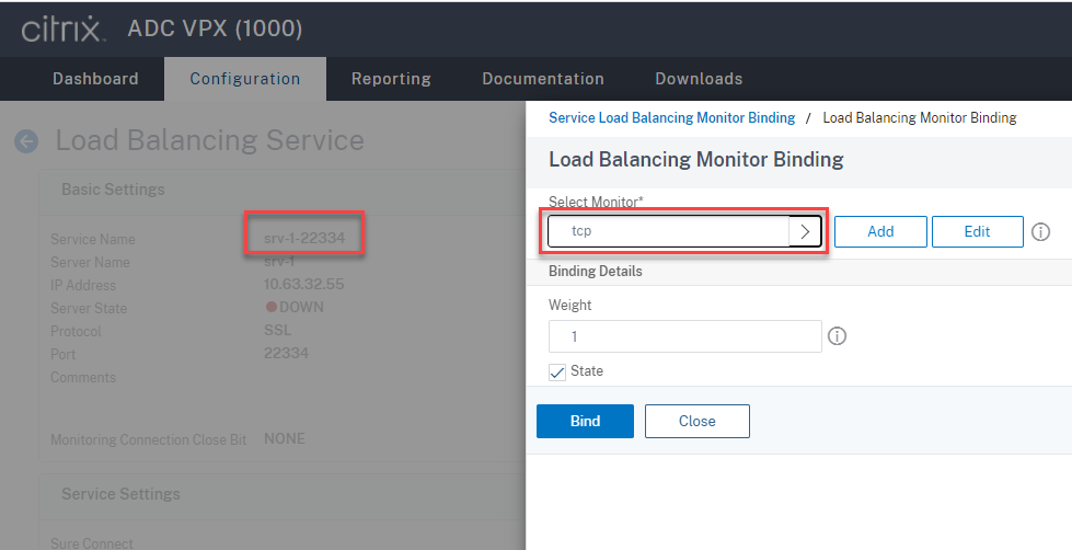 Bind the TCP protocol monitor to the SSL load-balancing service of port 22334