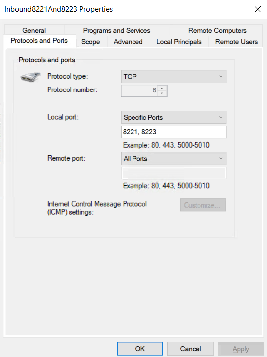 Allow inbound TCP traffic on ports 8221 and 8223