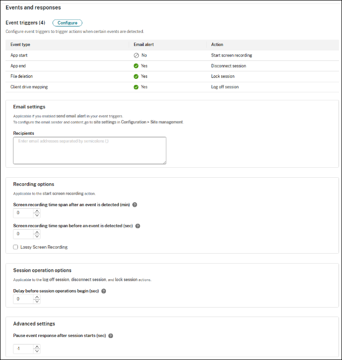 Email settings and recording options