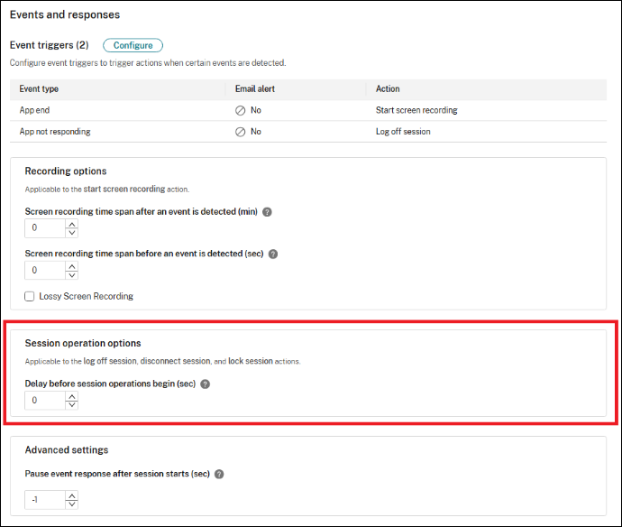 Specify delay before session operations begin