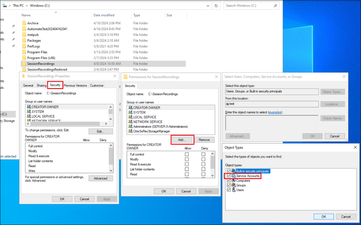 Grant Read and Write permissions on the Session recording storage folder to the gMSA - Step 1