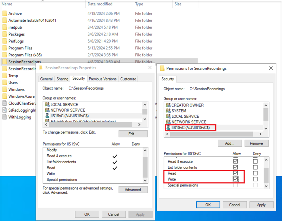 Grant Read and Write permissions on the Session recording storage folder to the gMSA - Step 2