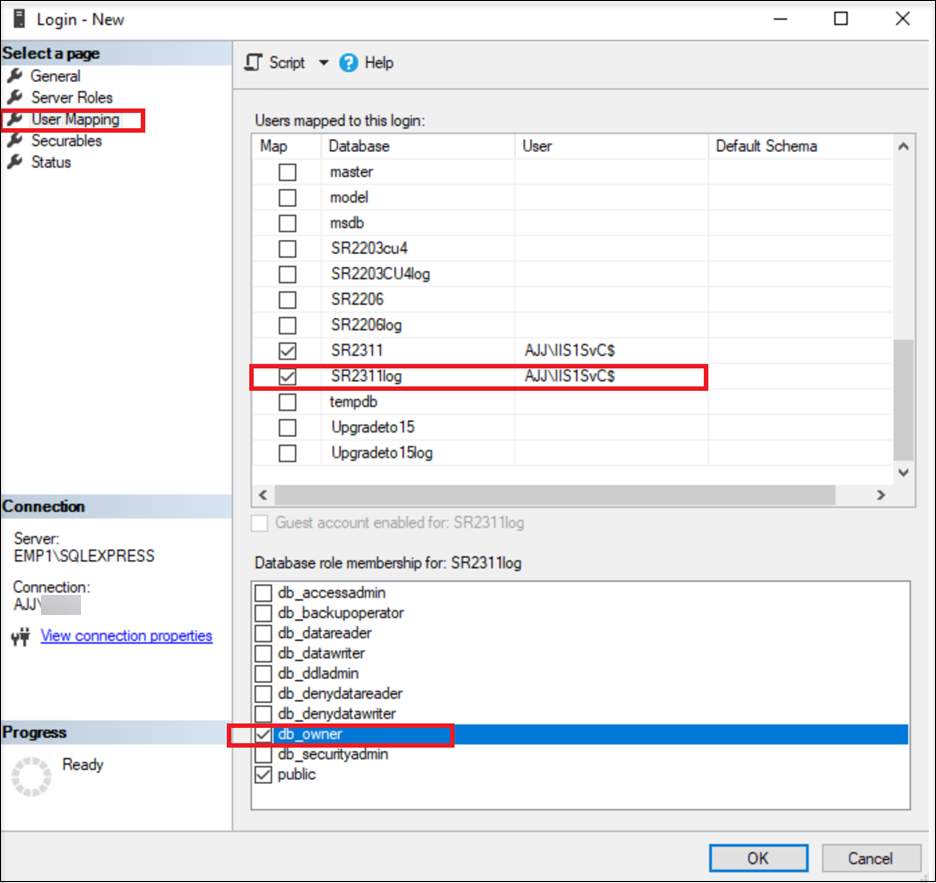 Grant the db_owner permission for the Session Recording logging database