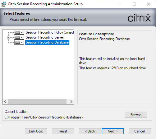 Session Recording Administration 安装程序屏幕