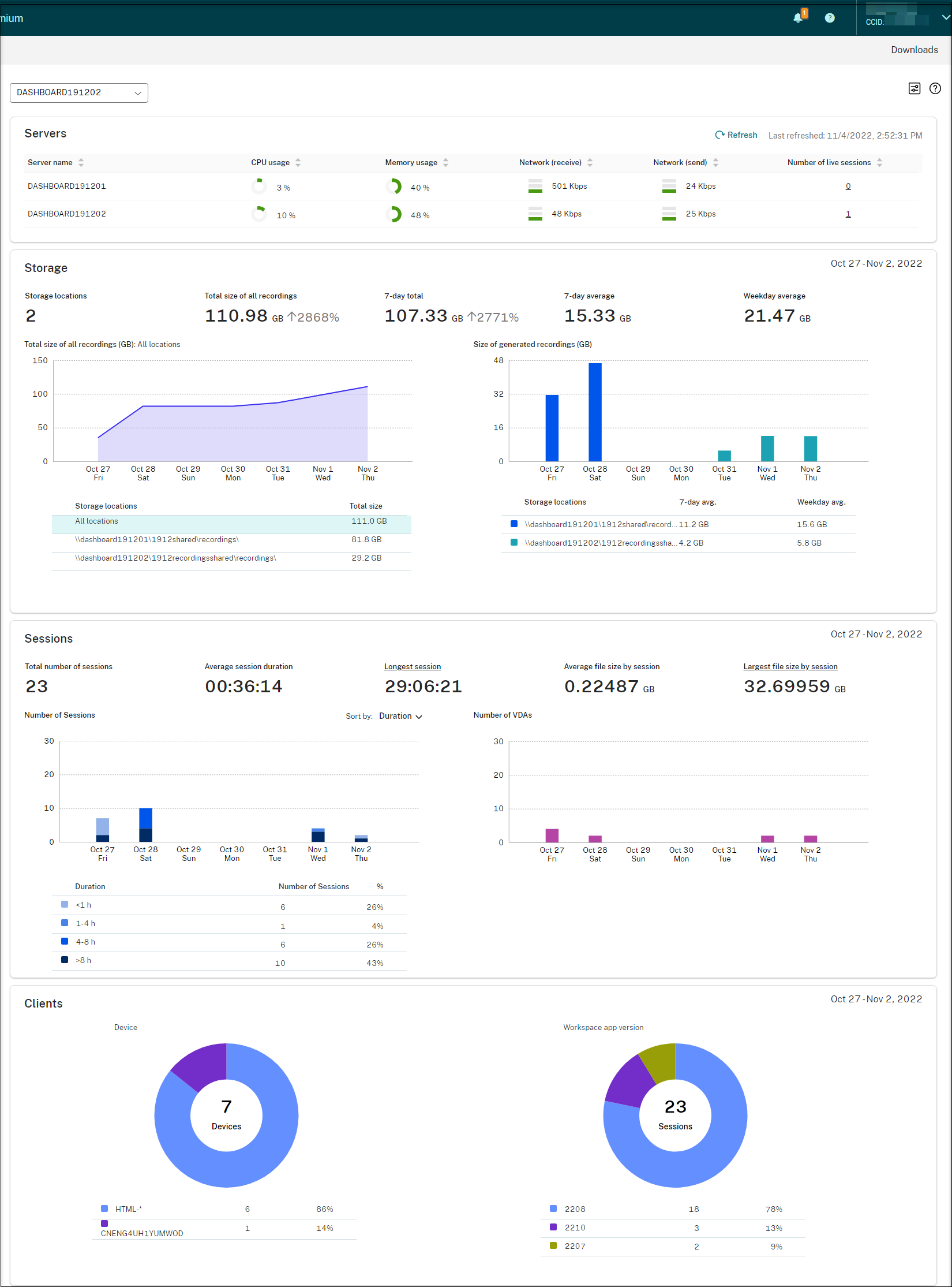 A sample Session Recording management dashboard