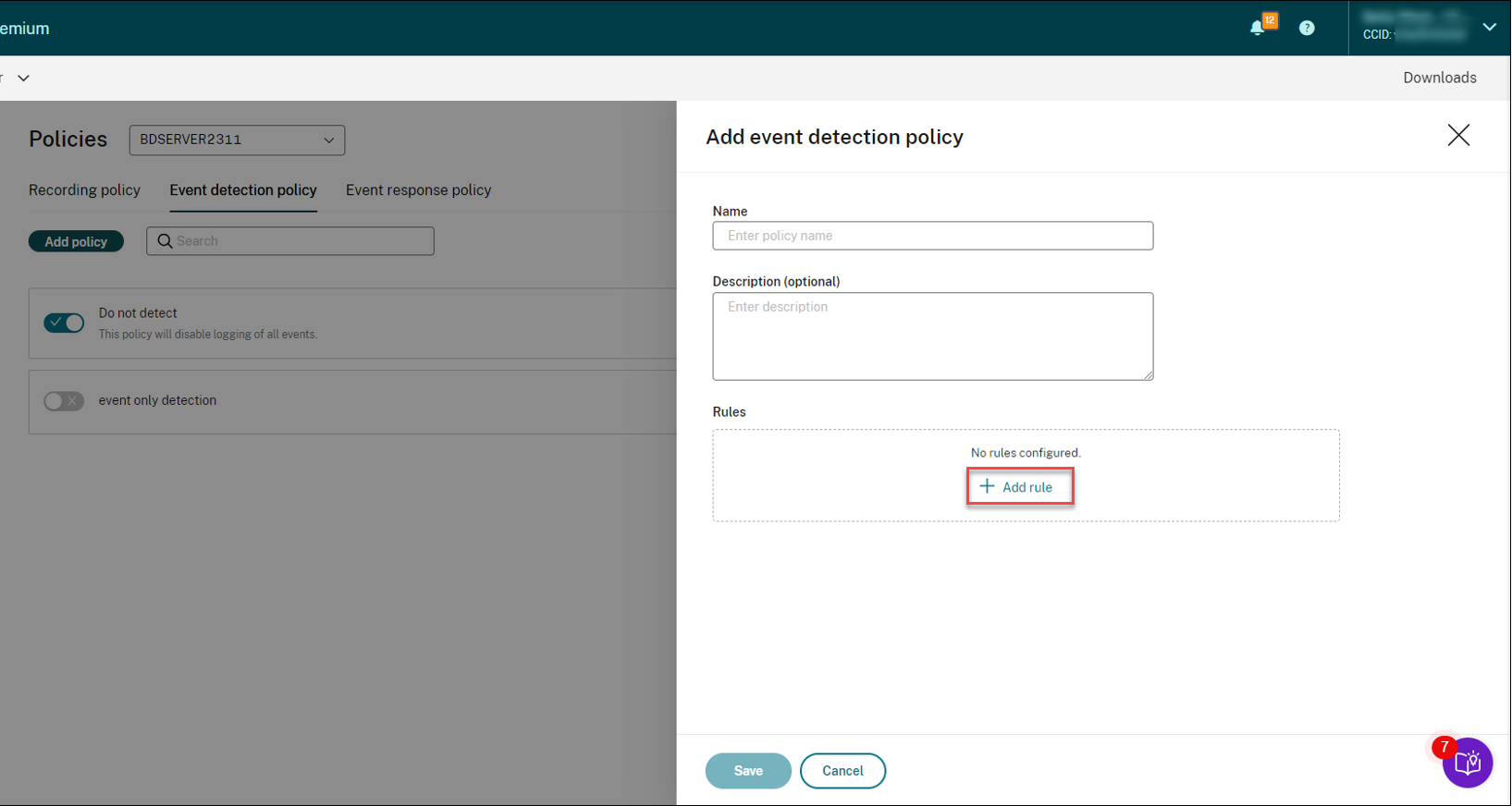 Adding a rule for an event detection policy