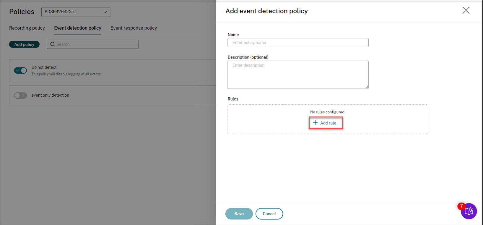 Adding a rule for an event detection policy