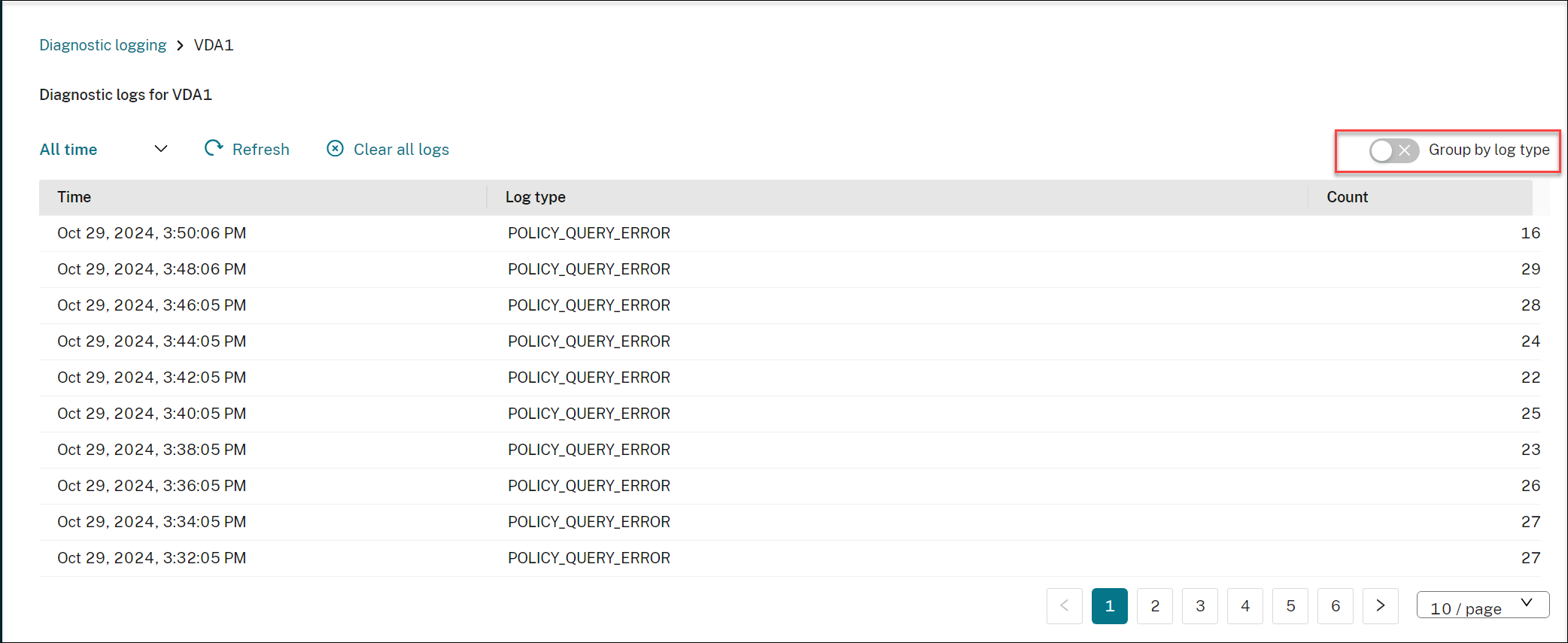 Disable log grouping by type