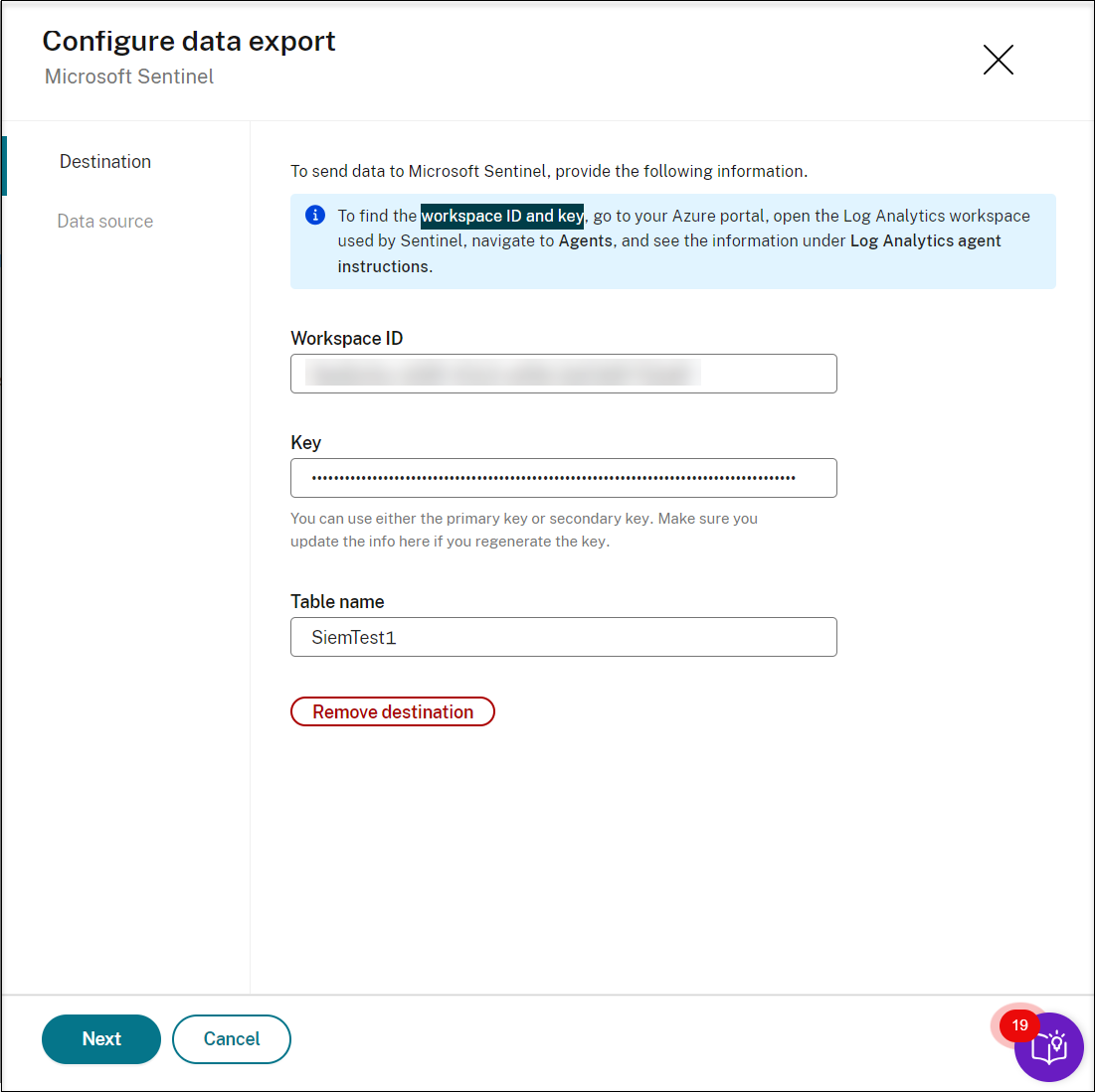 Microsoft Sentinel destination