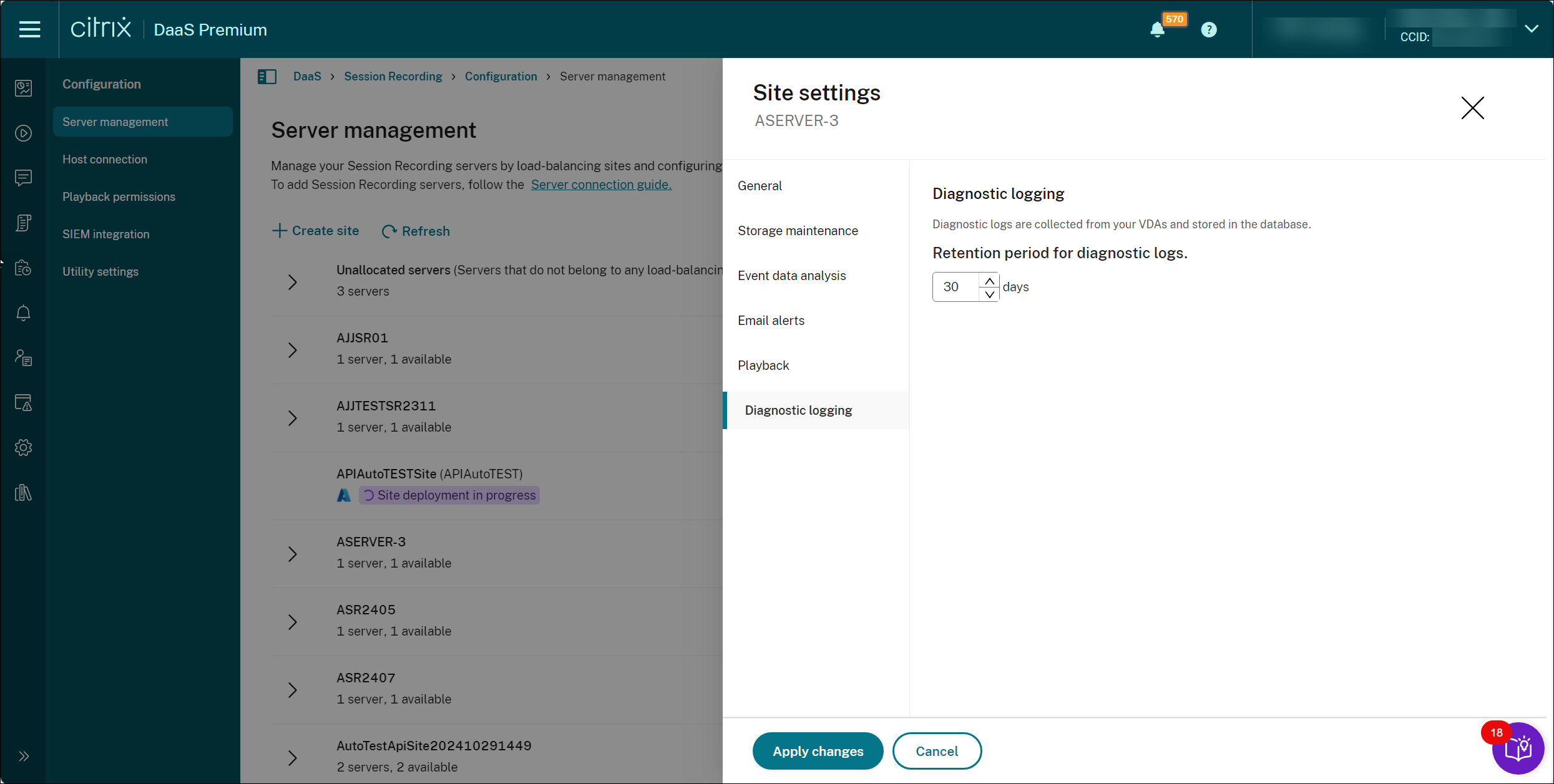 Retention period for diagnostic logs