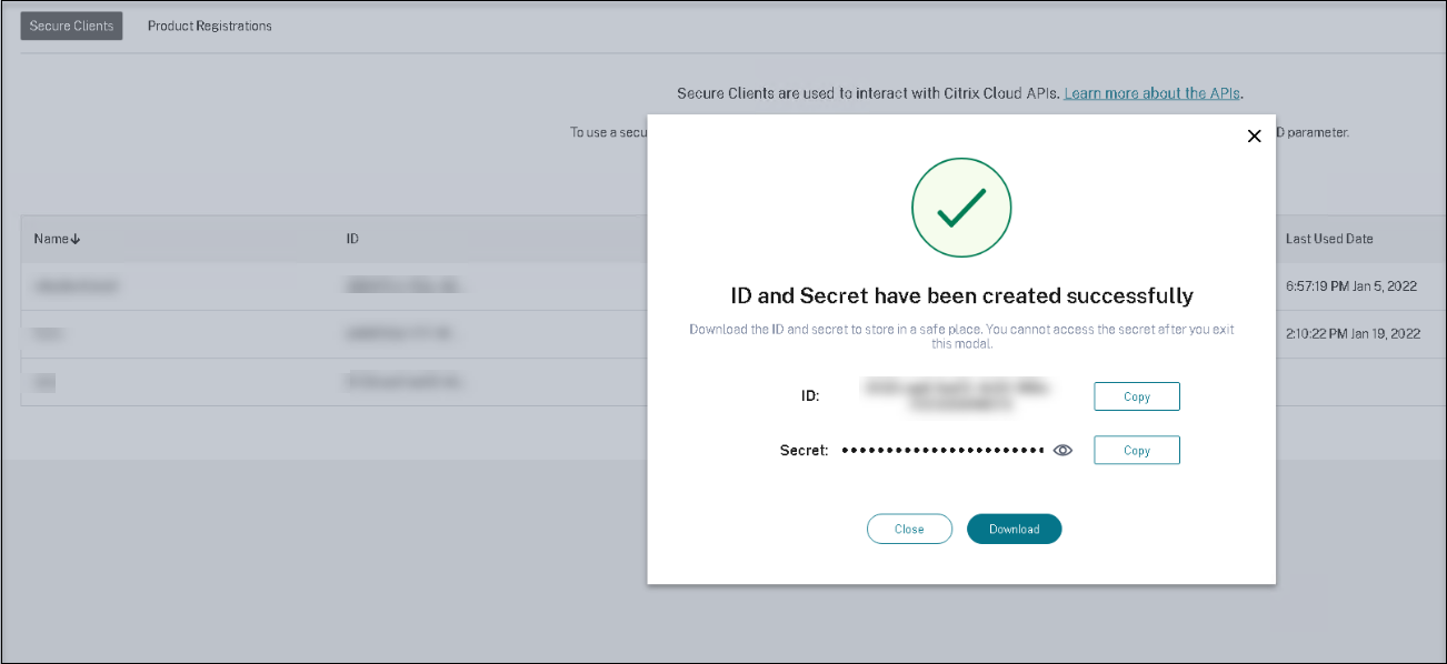 Enregistrement de l'ID et de la clé secrète du client sécurisé
