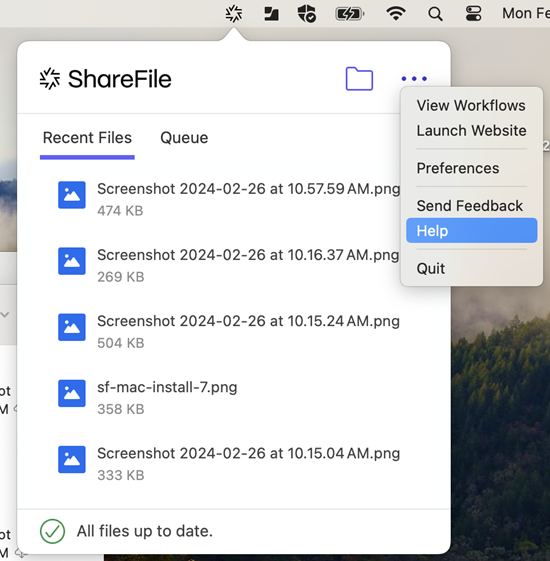 Fichier journal dans l'écran d'aide de ShareFile pour Mac