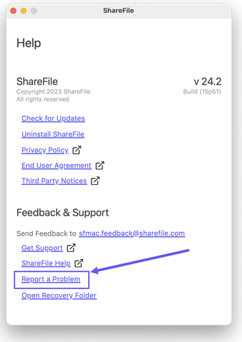 Fichier journal dans l'écran d'aide de ShareFile pour Mac