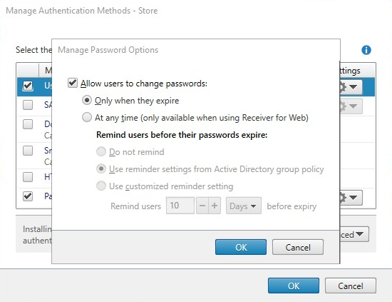 Screenshot of manage password options