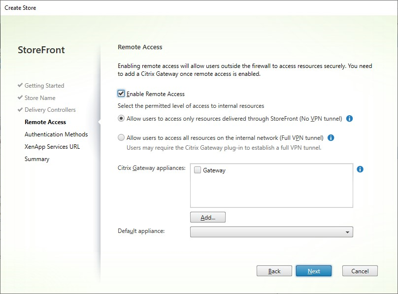 Screenshot of Create Store window Remote Access tab