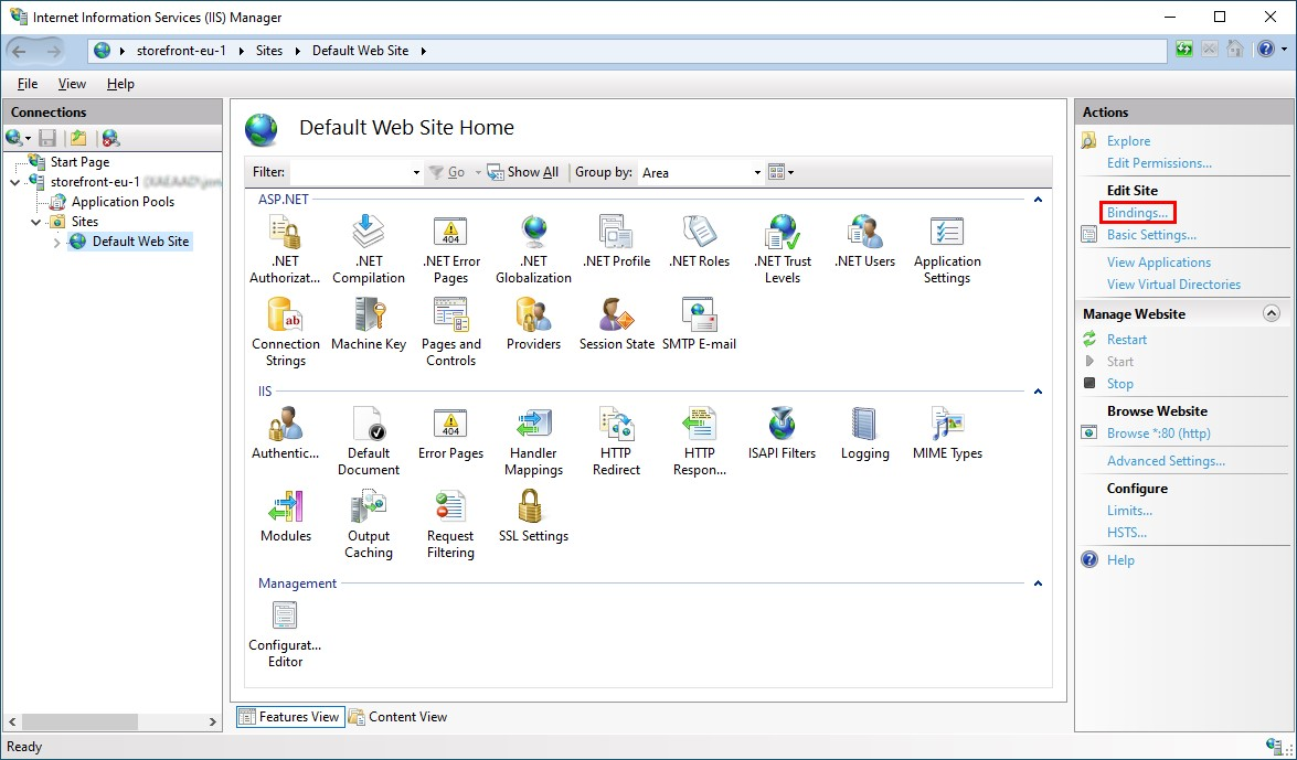 Screenshot of IIS management server Default Web Site Home screen highlighting bindings link