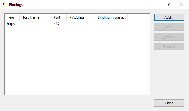Screenshot of Site Bindings window