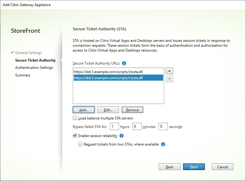 Screenshot of Add Gateway Appliance screen Secure Ticket Authority tab