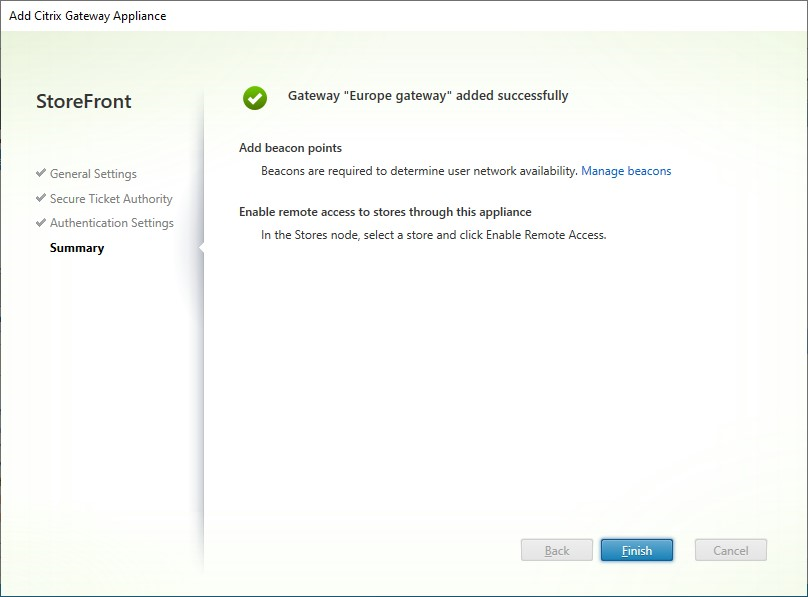 Screenshot of Add Gateway Appliance summary screen
