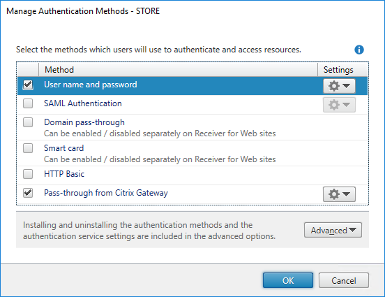 Screenshot of Manage Authentication Methods window