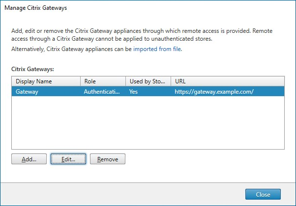 Screenshot of Manage Citrix Gateways screen