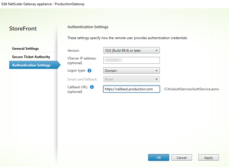 Screenshot of Add Citrix Gateway Appliance window, Authentication Settings section